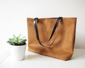 Large Vegan Leather Tote Bag, Slouchy Tote, Cognac Color, Distressed Rustic Look, Casual tote, Top handle, Handbag
