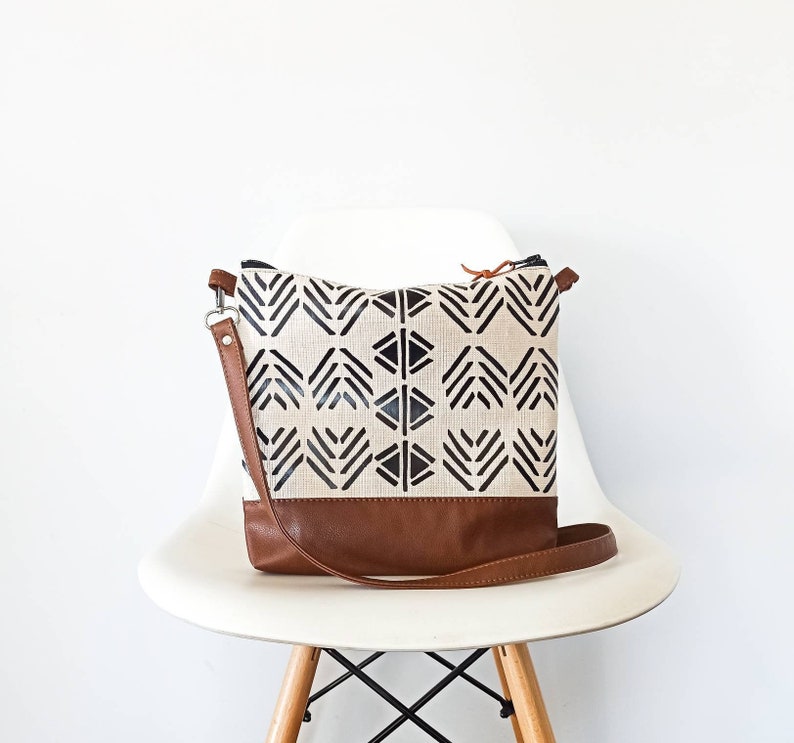 Canvas and leather crossbody bag with geometric print, Large medium crossbody purse, Tribal boho bag, Shoulder bag, Canvas Hobo crossbody image 1