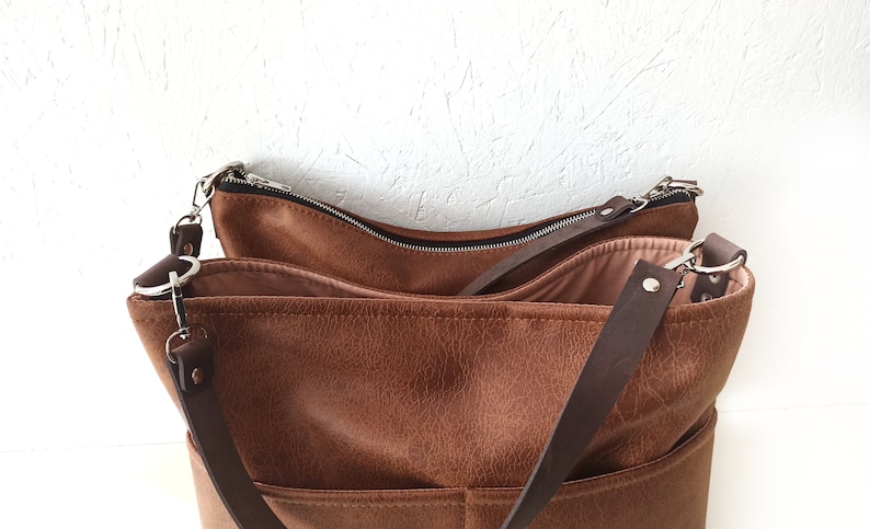 Große Hobo-Tasche aus Leder, Umhängetasche, große Umhängetasche, Umhängetasche, Cognacbraun, Distressed-Look, braune Ledertasche, lässige Handtasche Bild 6