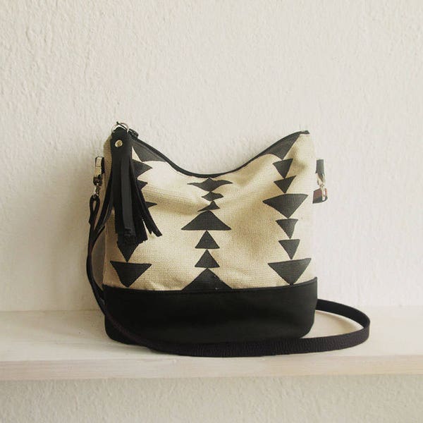 Aztec print crossbody bag, Messenger bag, Black and white, Canvas and Leather bag, Triangle print, Aztec, Navajo, Tribal print, Tassels