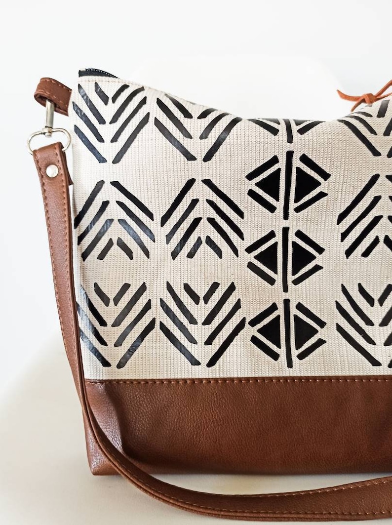 Canvas and leather crossbody bag with geometric print, Large medium crossbody purse, Tribal boho bag, Shoulder bag, Canvas Hobo crossbody image 2