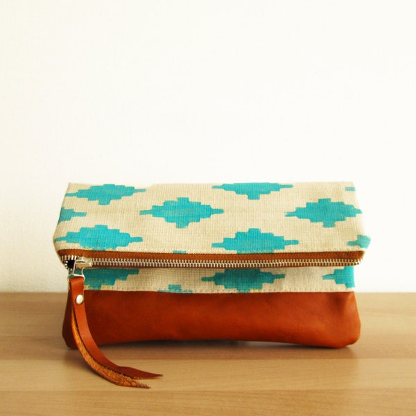 Tribal Clutch bag, Fold over clutch, Ikat, Canvas and leather clutch, Geometric, Aztec print, Turquoise