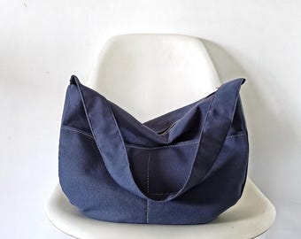 Large Shoulder Hobo Bag: Blue Canvas Slouchy Casual Handbag