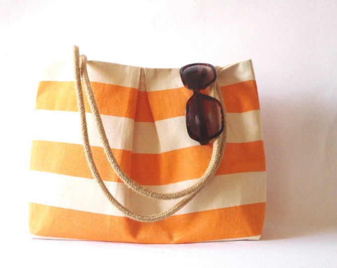 Canvas Tote Bag, Beach Bag Orange and White Stripes. Water Resistent ...