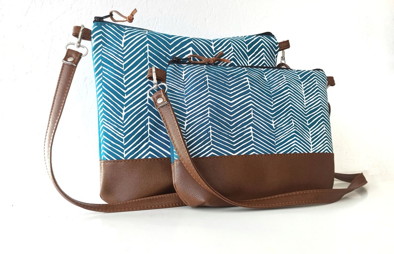 Geometric print crossbody purse, Teal blue bag, Canvas and vegan leather bag, Everyday Purse, Gift , Shoulder bag image 9