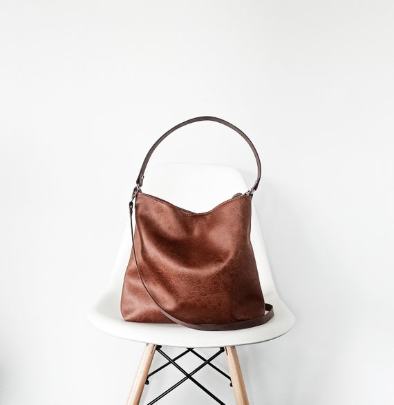 Medium Hobo Vegan Leather bag: Crossbody Shoulder bag, Cognac brown Bucket bag with Leather Straps