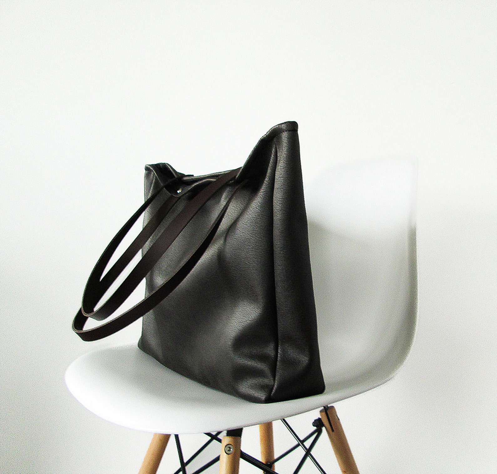 Large Black Vegan Leather Tote Bag Black Tote Bag Slouchy Tote Etsy