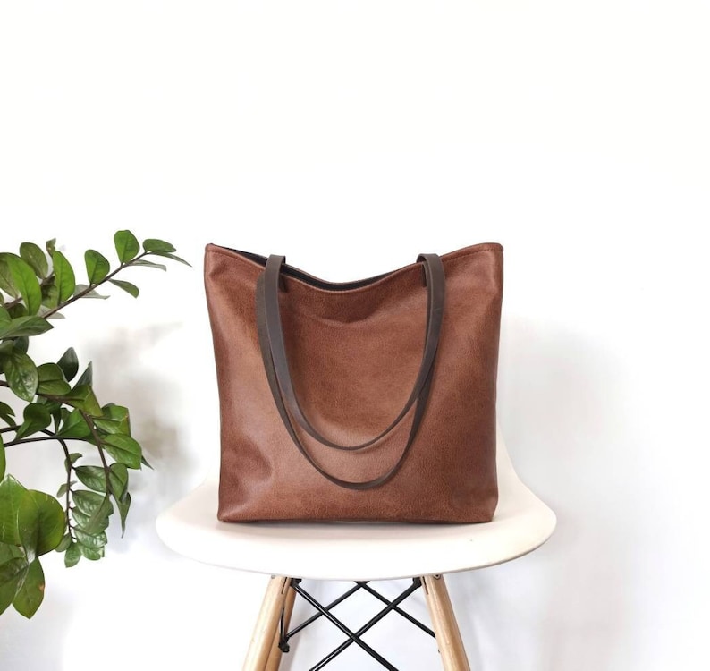 Cognac brown tote Bag, Large tote, Distressed look, Rustic, Casual tote, Vegan leather, Large leather tote, Shoulder bag, Leather purse image 1