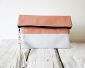Clutch purse, Fold over, Blush Pink, Peach, White, Color block, Tassel , Fringe