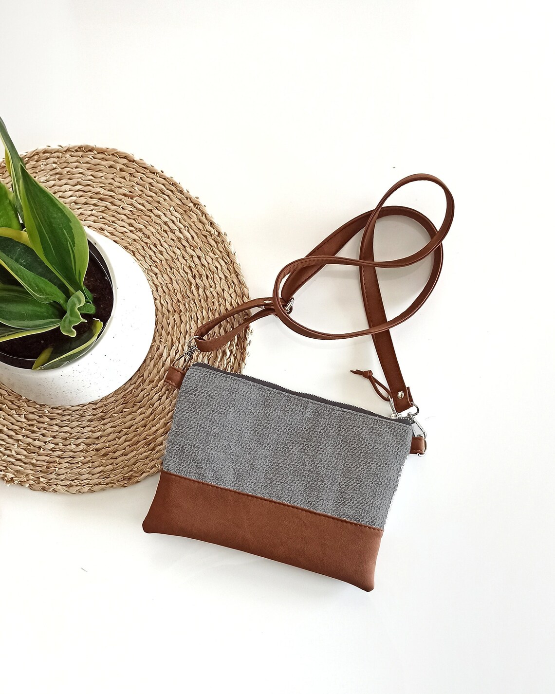 Small crossbody bag in classic gray Vegan leather purse Minimalist