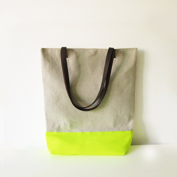 Large Tote bag, Canvas, Neon Fabric, Leather Handles, Shopper, Colorblock