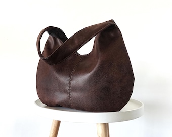 Chocolate Brown Slouchy Hobo Bag, Vegan Leather Tote, Minimalist purse for women