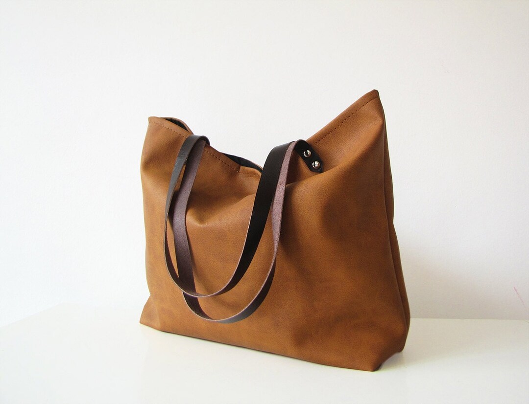 Large Vegan Leather Tote Bag Slouchy Tote Cognac Color Etsy