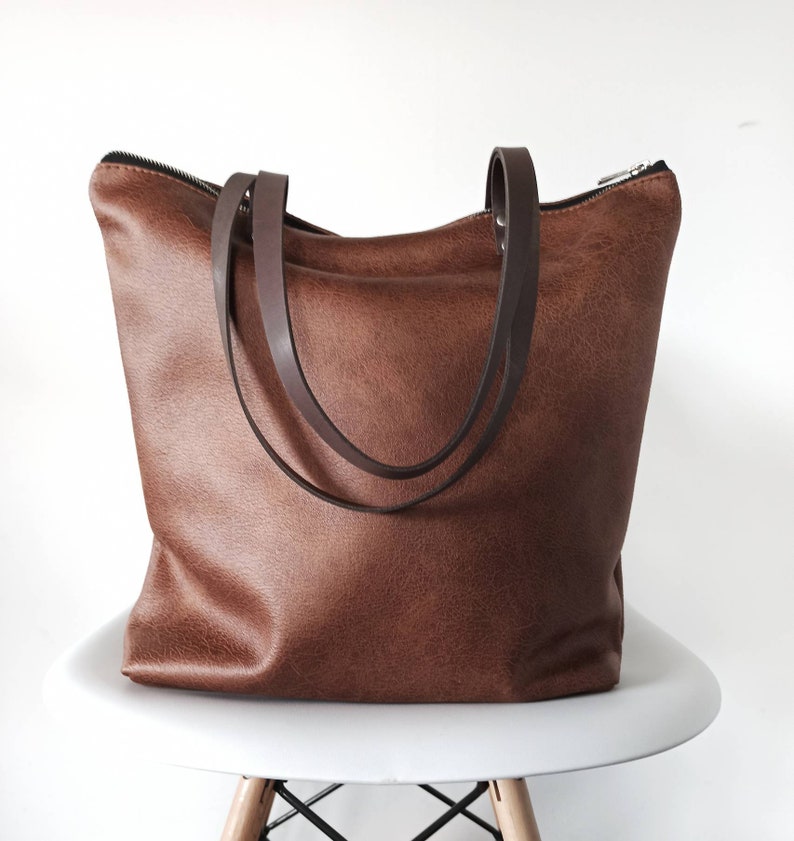 Cognac brown tote Bag, Large tote, Distressed look, Rustic, Casual tote, Vegan leather, Large leather tote, Shoulder bag, Leather purse image 5