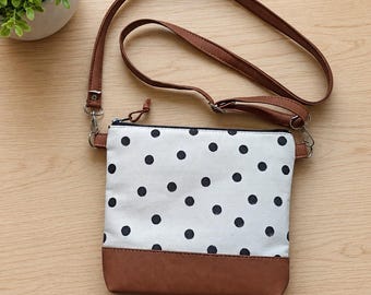 Women's crossbody bag, Polka dot shoulder purse, Canvas & Vegan Leather