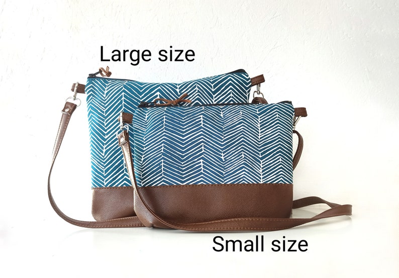 Geometric print crossbody purse, Teal blue bag, Canvas and vegan leather bag, Everyday Purse, Gift , Shoulder bag image 8