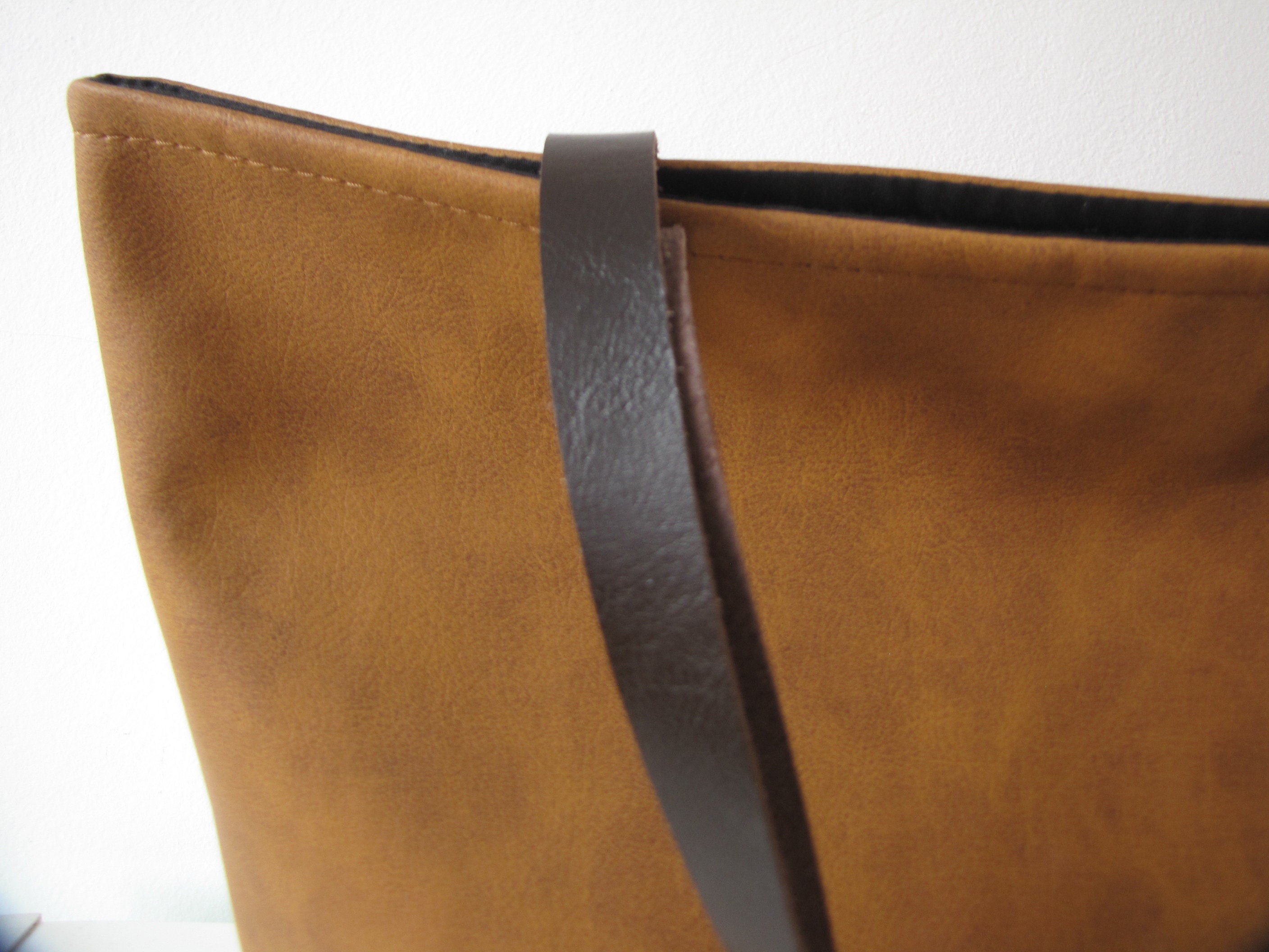 Large Vegan Leather Tote Bag Slouchy Tote Cognac Color Etsy