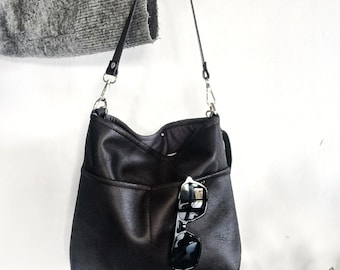 Medium Black Vegan Leather Hobo Crossbody Bag, Shoulder Purse with Pockets