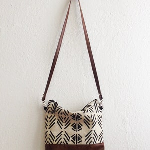 Canvas and leather crossbody bag with geometric print, Large medium crossbody purse, Tribal boho bag, Shoulder bag, Canvas Hobo crossbody image 5