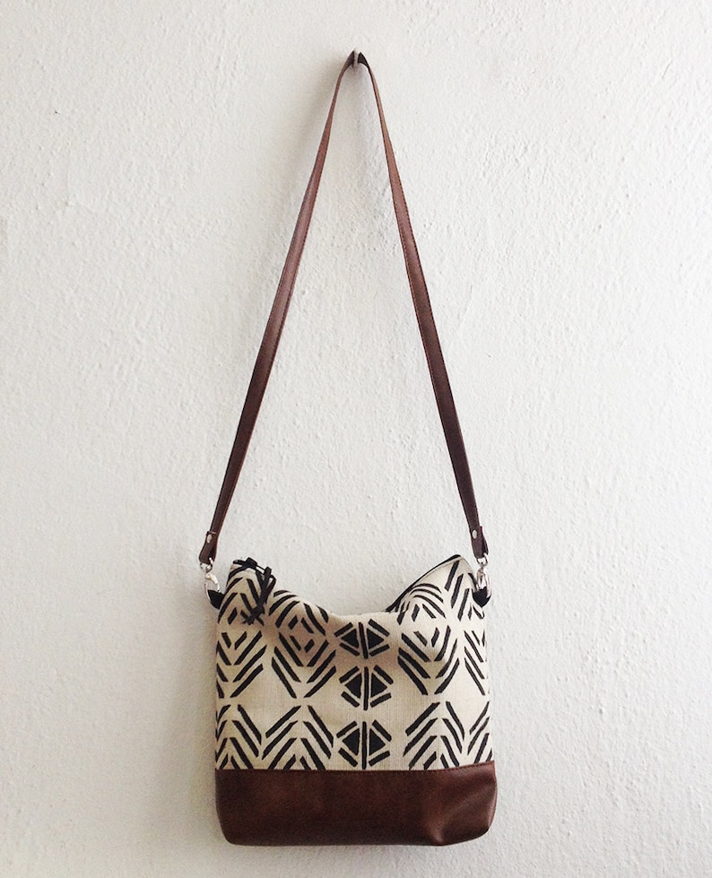 Canvas and leather crossbody bag with geometric print, Large medium crossbody purse, Tribal boho bag, Shoulder bag, Canvas Hobo crossbody image 5