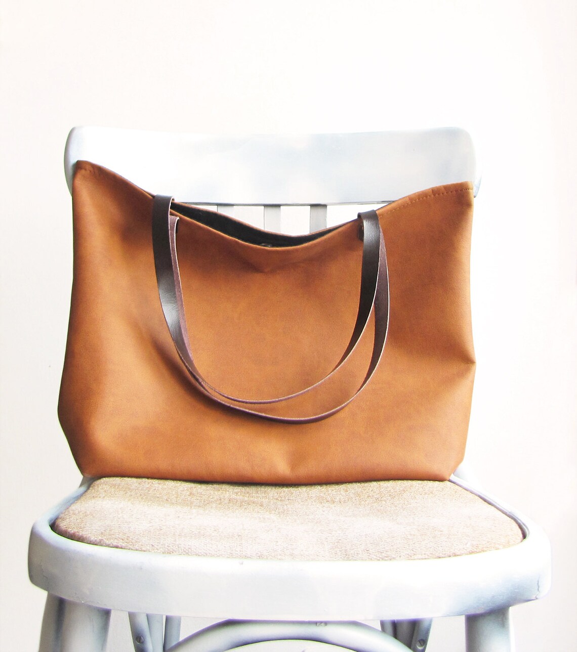 Large Vegan Leather Tote Bag Slouchy Tote Cognac Color Etsy