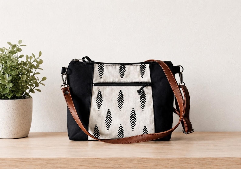 Black Canvas Crossbody bag: Large Shoulder Boho Purse image 1