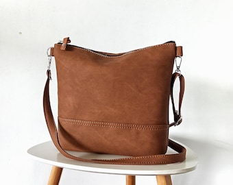 Vegan Leather Cognac Brown Crossbody Bag: Medium Shoulder Hobo Handbag