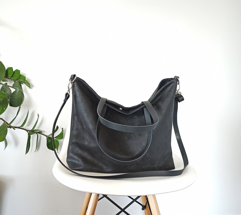 Large black vegan leather tote Crossbody purse Tote bag Etsy