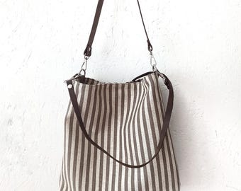 Linen Canvas Hobo Bag, Striped Slouchy  Hobo with Crossbody Strap
