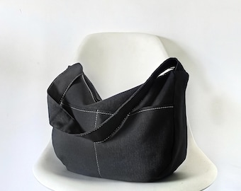 Slouchy Schulter Hobo Bag: Große Schwarze Canvas Casual Handtasche mit Taschen