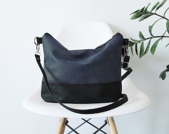 Navy Blue Large Vegan Leather Crossbody Bag: Two-toned Minimalist Slouchy Everyday Purse