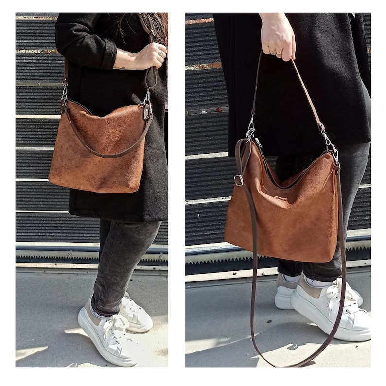 Grand sac hobo en cuir, sac hobo, sac hobo, marron cognac, effet vieilli, sac en cuir marron, sac hobo, sac seau image 7