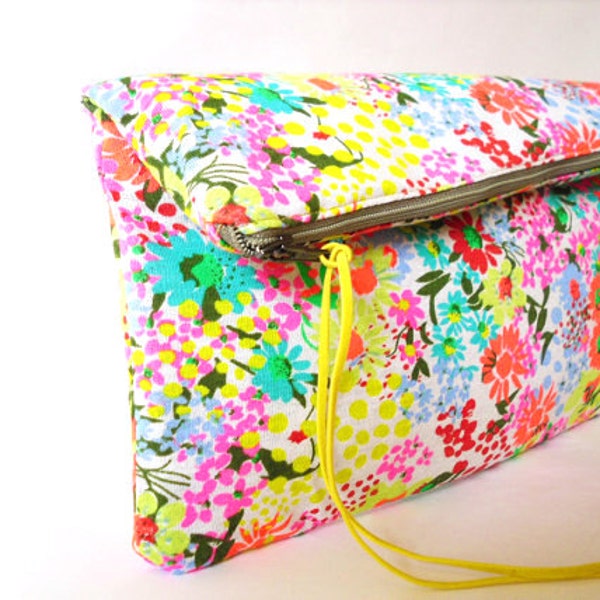 Neon Clutch purse, fold over,  Flower pattern.