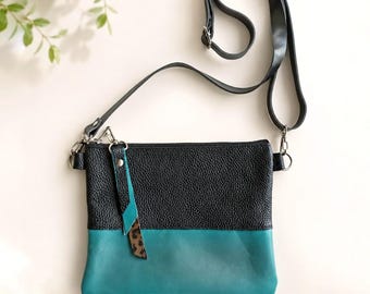 Leather Crossbody bag in Black and Teal: Small Shoulder Purse, Mini Crossbody Handbag