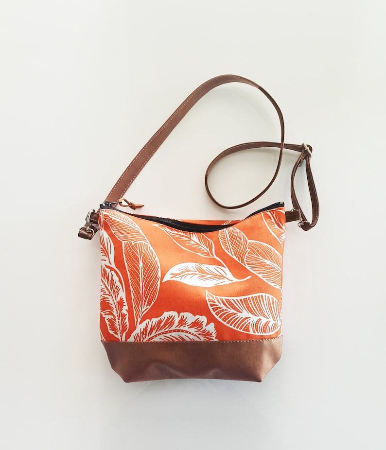 Large Canvas and Vegan Leather Crossbody Bag Burnt Orange Etsy
