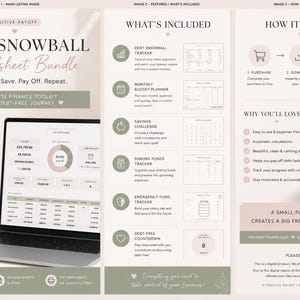 Op de afbeelding: Een digitaal schuldenvrij spreadsheetpakket met een laptop die een financieel dashboard toont, een lijst met inbegrepen trackers zoals een maandelijkse budgetplanner en een stapsgewijze handleiding voor het kopen en downloaden van de bestanden.