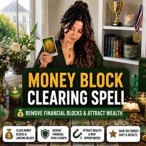 May include: A dark green sign with yellow and white text reading MONEY BLOCK CLEARING SPELL and REMOVE FINANCIAL BLOCKS & ATTRACT WEALTH. Below are four white rectangular icons with text about clearing money blocks, fears, and attracting wealth.