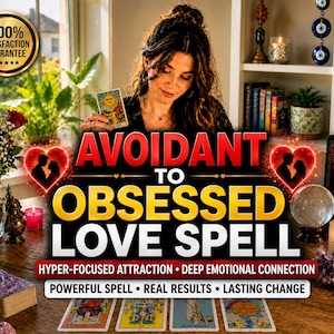 May include: A tarot card reading setup featuring a person holding a sun card, with text reading AVOIDANT TO OBSESSED LOVE SPELL, HYPER-FOCUSED ATTRACTION, DEEP EMOTIONAL CONNECTION, POWERFUL SPELL, REAL RESULTS, LASTING CHANGE, and 100% SATISFACTION GUARANTEE.