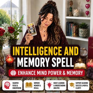 May include: A digital graphic featuring the text INTELLIGENCE AND MEMORY SPELL, ENHANCE MIND POWER & MEMORY, and four icons with labels: SHARPEN FOCUS & CONCENTRATION, IMPROVE MEMORY & RECALL, BOOST LEARNING & UNDERSTANDING ABILITIES, and SUPPORT ACADEMIC SUCCESS & MENTAL CLARITY.