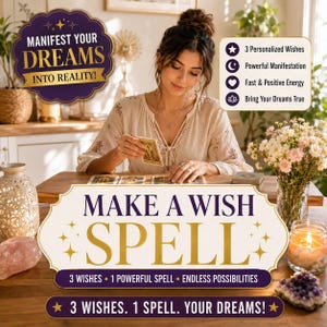 Op de afbeelding: Een promotionele afbeelding voor een Make a Wish spreukendienst met tekst die luidt Manifest Your Dreams Into Reality, 3 Personalized Wishes, Powerful Manifestation, Fast & Positive Energy, Bring Your Dreams True en 3 Wishes 1 Spell.
