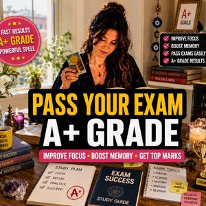 May include: A digital graphic overlay featuring the bold yellow and white text PASS YOUR EXAM A+ GRADE with pink accents. The image includes a study desk with books, a yellow mug, a gold trophy, and notebooks with handwritten study plans and exam topics.
