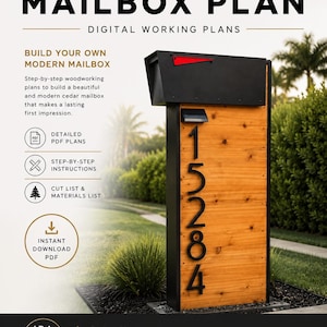 May include: Digital woodworking plans for a modern cedar mailbox. The design features a vertical cedar wood panel with black metal framing, a black mailbox top with a red flag, and large black house numbers 15284 vertically displayed.