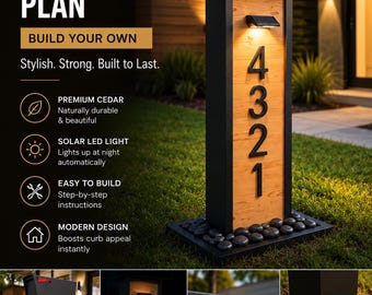 Plano de buzón moderno de cedro en PDF, poste de buzón para bricolaje, buzón con luz solar, números de casa flotantes, diseño de buzón contemporáneo, descarga digital