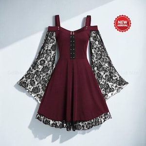 Women Gothic Vintage Lace Patchwork Plus Size Spaghetti Strap Goth Dress