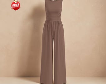 Women’s Wide Leg Jumpsuit Sleeveless Crewneck Dressy Casual Summer Romper with Pockets