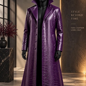 Trench coat in pelle viola con stampa coccodrillo, cappotto lungo stile cattivo, costume ispirato a Joker, soprabito di tendenza, giacca gotica per cosplay.