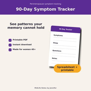 Könnte beinhalten: Ein 90-Tage-Symptom-Tracker-Digitaldokument mit violettem Kopfbereich. Der Text lautet Perimenopause symptom tracking, 90-Day Symptom Tracker, See patterns your memory cannot hold, Printable PDF, Instant download, Made for women 40+ und Spreadsheet + printable. Der Tracker enthält Abschnitte für Symptoms, Sleep, Questions und Notes.