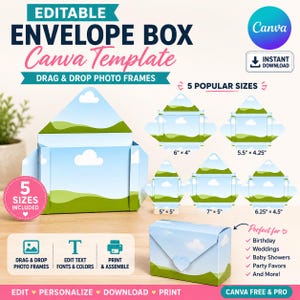 May include: An editable envelope box Canva template featuring a light blue sky and green hills pattern. The set includes five popular sizes: 6" x 4", 5.5" x 4.25", 5" x 5", 7" x 5", and 6.25" x 4.5". The design allows for drag and drop photo frames.