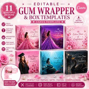 May include: A collection of editable gum wrapper and box templates featuring eleven designs. The boxes display various illustrations including a princess in a castle, a graduate, a mermaid, and a black swan, with text such as Extra Dose of Confidence.