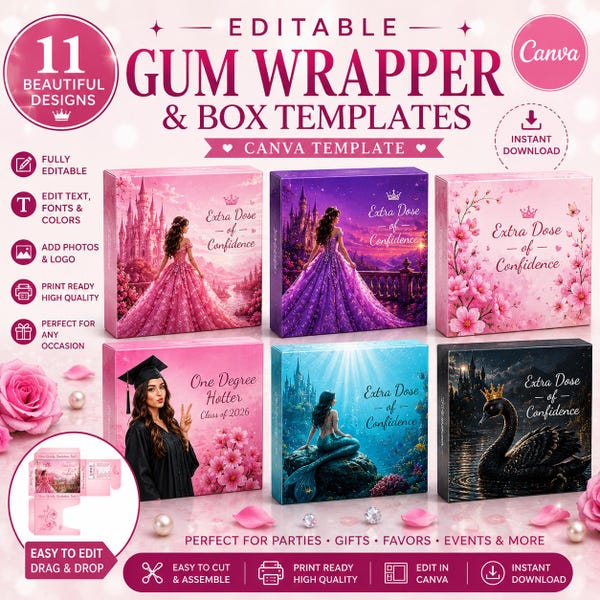 Editable Gum Wrapper & Box Templates | Canva Party Favor (Digital Download)